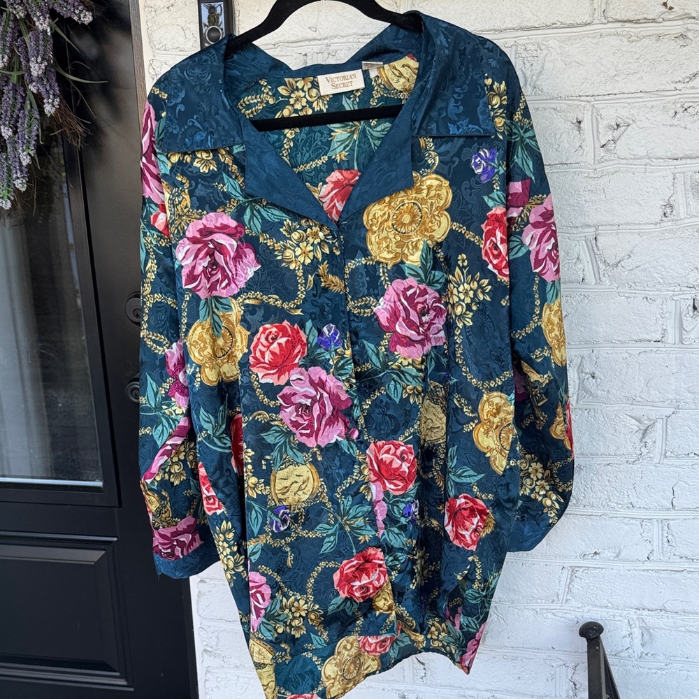 Victoria's Secret Teal Floral Satin Button-Down pajama